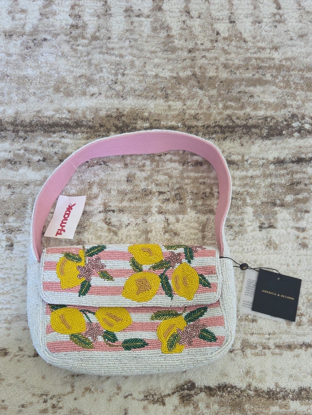 Lemon and Pink Striped Beaded Bag